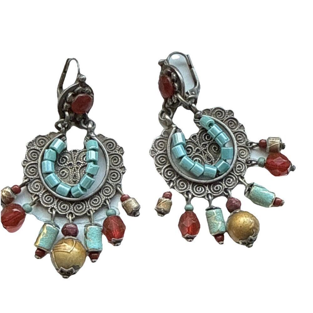 Gas Bijoux Turquoise Beaded  Filigree Dangle Earrings